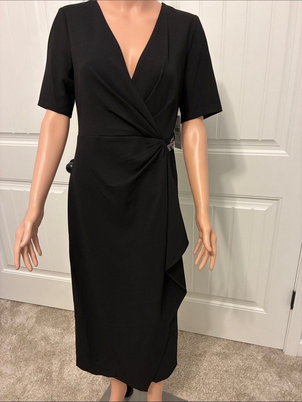DKNY Black V-Neck Wrap Midi Dress with Side Buckle Detail